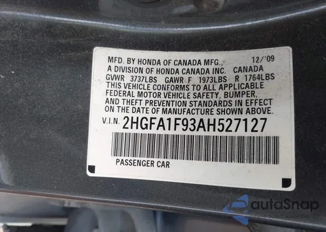 2010 Honda Civic Ex-L z USA, uszkodzony, nr VIN 2HGFA1F93AH527127